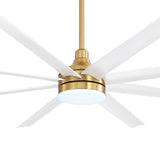 Close-up of the white and gold AeroSpan Lux fan highlighting cool white LED illumination and streamlined 8-blade design
