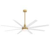 White and gold AeroSpan Lux ceiling fan with warm LED light and extended downrod for high-ceiling installation