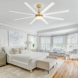White and gold ceiling fan with integrated light installed in a spacious, elegant bedroom with sitting area