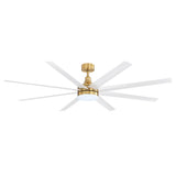 White and gold 72-inch ceiling fan with 8 blades and cool white LED illumination on a clean background