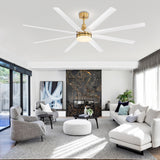White and gold AeroSpan Lux large ceiling fan with light complementing a contemporary living room with high ceilings