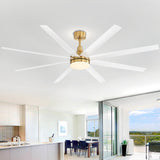 White and gold 8-blade ceiling fan with LED light in a bright modern kitchen and dining area