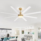 White and gold AeroSpan Lux ceiling fan with integrated light installed in a bright open-concept living and dining space