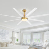 White and gold AeroSpan Lux ceiling fan with light installed in a bright, spacious bedroom