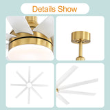 AeroSpan Lux detail views highlighting the gold canopy, integrated LED light, white 8-blade layout, and blade profile