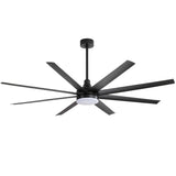 AeroSpan Lux 72-inch large black 8-blade ceiling fan with integrated LED light and long downrod on white background