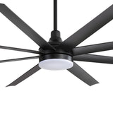 72-inch large black 8-blade ceiling fan close-up with integrated LED light and motor housing