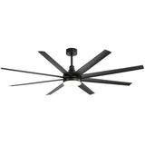 AeroSpan Lux 72-inch large black 8-blade ceiling fan with integrated LED light and short downrod on white background