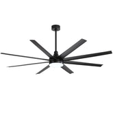 AeroSpan Lux 72-inch large black 8-blade ceiling fan with integrated LED light on white background