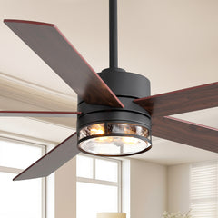 Farmhouse 65-inch Ceiling Fan with Light and Remote, Matte Black Finish, 5 Reversible Blades(Dark Wood Grain & Light Wood Grain), 6-Speed Quiet DC Motor, Dual Downrods (7" & 15"), Glass Lampshade, 2 × E26 Base LED Bulbs Required