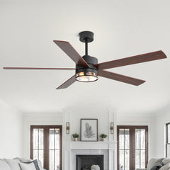 Farmhouse 65-inch Ceiling Fan with Light and Remote, Matte Black Finish, 5 Reversible Blades(Dark Wood Grain & Light Wood Grain), 6-Speed Quiet DC Motor, Dual Downrods (7" & 15"), Glass Lampshade, 2 × E26 Base LED Bulbs Required