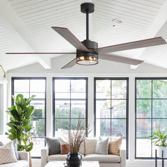 Farmhouse 65-inch Ceiling Fan with Light and Remote, Matte Black Finish, 5 Reversible Blades(Dark Wood Grain & Light Wood Grain), 6-Speed Quiet DC Motor, Dual Downrods (7" & 15"), Glass Lampshade, 2 × E26 Base LED Bulbs Required