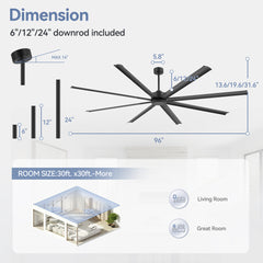 ALKAFY 96-inch Industrial Ceiling Fan with Remote Control, 8 Aluminum Blades, 13600 CFM for Warehouse, Living Room