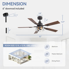 52-inch 5-Blade Traditional Ceiling Fan with Light Remote,6in Downrod Included