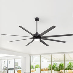 Large 84-in Modern Industrial 8-Blade Large Ceiling Fan with LED Light and Remote,6”,12” and 24” Downrod Included