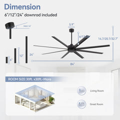 Large 84-inch 8-Blade Black Ceiling Fan with Remote without Light,6",12" and 24" Downrods Included