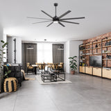 AeroSpan 84-inch 8-blade large black ceiling fan in a modern open living room