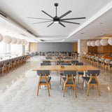 AeroSpan 84-inch 8-blade large black ceiling fan in a modern dining space