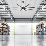 AeroSpan 84-inch 8-blade large black ceiling fan in a large warehouse space
