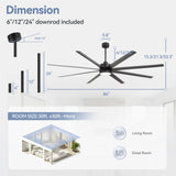 AeroSpan 84-inch 8-blade large black ceiling fan dimensions with 6, 12 and 24-inch downrods for large rooms
