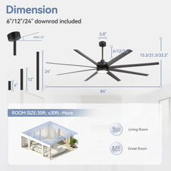 Large 84-in Modern Industrial 8-Blade Large Ceiling Fan with LED Light and Remote,6”,12” and 24” Downrod Included