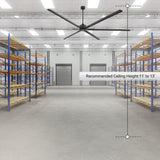 irForge 120-inch HVLS industrial ceiling fan installed in a warehouse with a recommended ceiling height of 11 to 13 feet