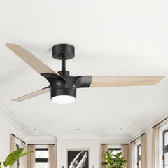 52-inch Matte Black Ceiling Fan with Light, 3 Wood Grain Blades, 22W LED Light, 6-Speed Quiet DC Motor, Remote Control, 3 Color Temps & 6" Downrod Included