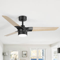 52-inch Matte Black Ceiling Fan with Light, 3 Wood Grain Blades, 22W LED Light, 6-Speed Quiet DC Motor, Remote Control, 3 Color Temps & 6" Downrod Included