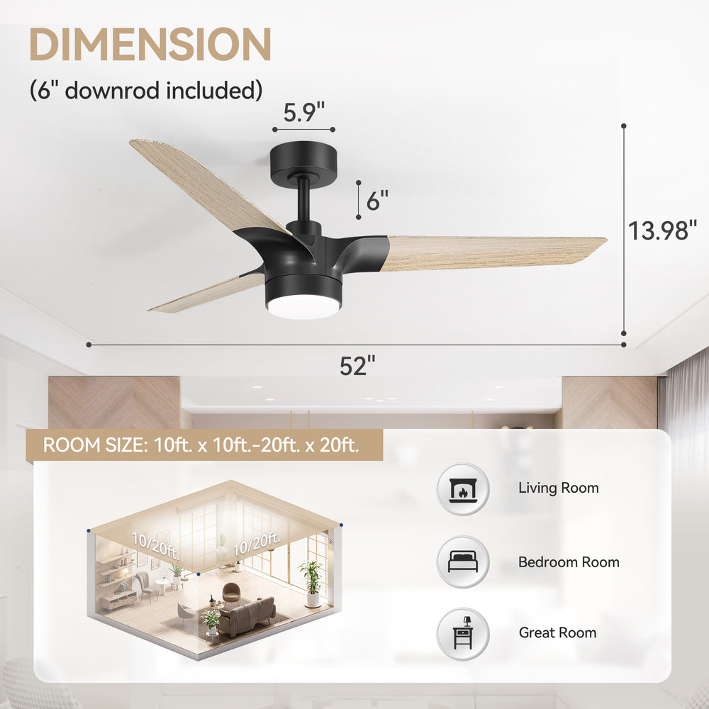 Iverora 52-Inch Black Ceiling Fan With Light and Remote