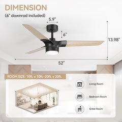 52-inch Matte Black Ceiling Fan with Light, 3 Wood Grain Blades, 22W LED Light, 6-Speed Quiet DC Motor, Remote Control, 3 Color Temps & 6" Downrod Included