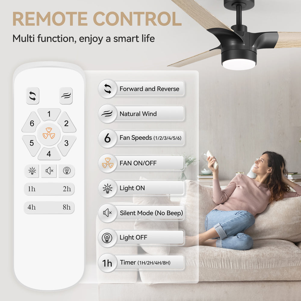 Iverora 52-Inch Black Ceiling Fan With Light and Remote