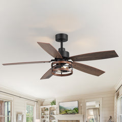 52-inch Farmhouse Caged Ceiling Fan with Light and Remote,5 Reversible Blades and 6" downrod Included