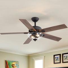 52" Farmhouse Industrial Ceiling Fan with Light, 5 Reversible Wood Grain Blades, DC Motor, Remote Control, 6 Speeds, Forward/Reverse, Matte Black Finish, 6“ Downrod, Glass Lampshade,E26 Bulb Base (2 Bulbs Required, Not Included)