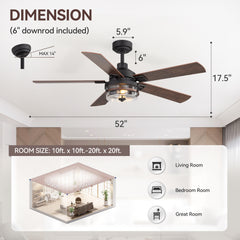 52-inch Matte Black Ceiling Fan with 5 Reversible  Blades, Seeded Glass Shade, 6-Speed Quiet DC Motor, Remote Control