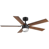 52 Inch Matte Black Ceiling Fan with Light and Remote, Industrial Caged Frosted Glass Shade, 18W LED 3CCT Lighting with Memory Function, 6-Speed Reversible Quiet DC Motor, Timer, 5 Dual-Finish Blades for Bedroom Living Room