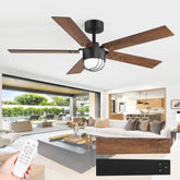 52 Inch Matte Black Ceiling Fan with Light and Remote, Industrial Caged Frosted Glass Shade, 18W LED 3CCT Lighting with Memory Function, 6-Speed Reversible Quiet DC Motor, Timer, 5 Dual-Finish Blades for Bedroom Living Room