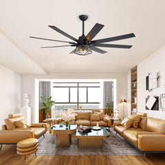 65" Industrial Seeded Glass Ceiling Fan with Light Kit & Remote, Includes 6" & 12" Downrods, 8 Reversible Black/Walnut Finish Blades, DC Motor, Compatible with 2*E26 Base Bulbs (Not Included)