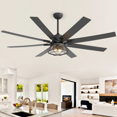 65" Industrial Seeded Glass Ceiling Fan with Light Kit & Remote, Includes 6" & 12" Downrods, 8 Reversible Black/Walnut Finish Blades, DC Motor, Compatible with 2*E26 Base Bulbs (Not Included)