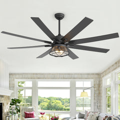 65" Industrial Seeded Glass Ceiling Fan with Light Kit & Remote, Includes 6" & 12" Downrods, 8 Reversible Black/Walnut Finish Blades, DC Motor, Compatible with 2*E26 Base Bulbs (Not Included)