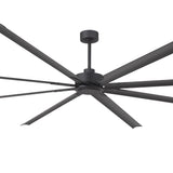 Low-angle view of the AirForge 120-inch HVLS industrial ceiling fan with black blades