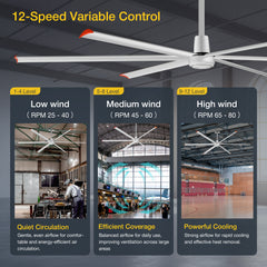 144" HVLS Ceiling Fan, Oversized Industrial Commercial 220V 1 Phase Ceiling Fan for Warehouses & Gyms, DC Motor, No Light with 6 Heavy-Duty Aluminum Blades, Permanent Magnet Synchronous Motor,Wired Wall-Mounted Controller,Silver Finish