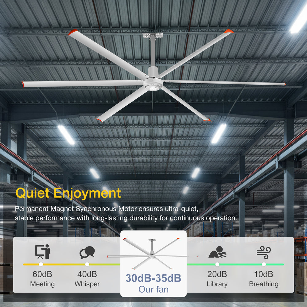 144" HVLS Ceiling Fan, Oversized Industrial Commercial 220V 1 Phase Ceiling Fan for Warehouses & Gyms, DC Motor, No Light with 6 Heavy-Duty Aluminum Blades, Permanent Magnet Synchronous Motor,Wired Wall-Mounted Controller,Silver Finish