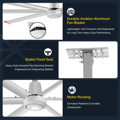 144" HVLS Ceiling Fan, Oversized Industrial Commercial 220V 1 Phase Ceiling Fan for Warehouses & Gyms, DC Motor, No Light with 6 Heavy-Duty Aluminum Blades, Permanent Magnet Synchronous Motor,Wired Wall-Mounted Controller,Silver Finish