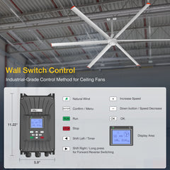 144" HVLS Ceiling Fan, Oversized Industrial Commercial 220V 1 Phase Ceiling Fan for Warehouses & Gyms, DC Motor, No Light with 6 Heavy-Duty Aluminum Blades, Permanent Magnet Synchronous Motor,Wired Wall-Mounted Controller,Silver Finish