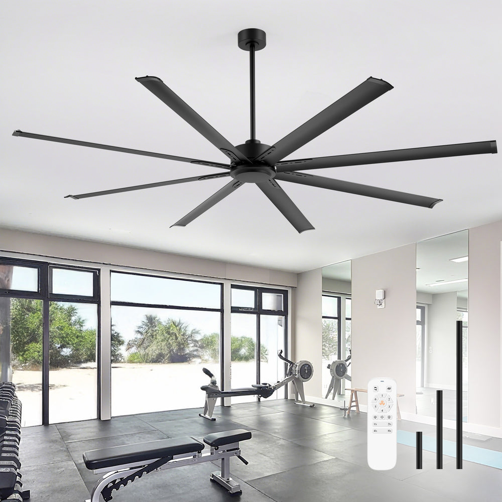 Home gym exercise area rowing machine mirrors beneath Virelia 84-inch large black 8-blade ceiling fan