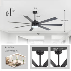 72-Inch Large Indoor Ceiling Fan with LED Light & Remote, Quiet Energy-Efficient DC Motor, 7-Blade Matte Black Modern Design, 6-Speed Reversible, 3-CCT LED (3000K/4000K/6000K), Includes 6" & 12" Downrods, for Large Rooms