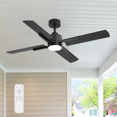 52 Inch Black Modern Ceiling Fan with Light and 4 Blades, Remote Control, 6-Speed Reversible DC Motor, 3CCT LED, Indoor Ceiling Fan for Living Room Bedroom