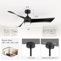 54-Inch Matte Black Ceiling Fan with Light, Dual-Layer Acrylic Shade, 3-Color LED (3000K/4000K/6000K), Quiet DC Motor, 6-Speed Reversible Airflow, Remote Control, Timer, 6-Inch Downrod, Modern Indoor Ceiling Fan for Living Room Bedroom Dining Room
