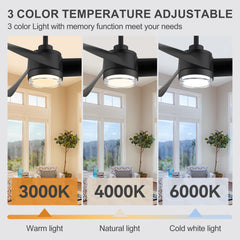 54-Inch Matte Black Ceiling Fan with Light, Dual-Layer Acrylic Shade, 3-Color LED (3000K/4000K/6000K), Quiet DC Motor, 6-Speed Reversible Airflow, Remote Control, Timer, 6-Inch Downrod, Modern Indoor Ceiling Fan for Living Room Bedroom Dining Room