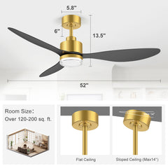 52-Inch Ceiling Fan with Light, Modern Gold/Black Finish, 3 ABS Blades, 18W 3-Color LED with Double-Layer Acrylic Shade, Quiet DC Motor, 6-Speed Reversible, Remote Control with 1/4H Timer, 6-In Downrod, Indoor Use